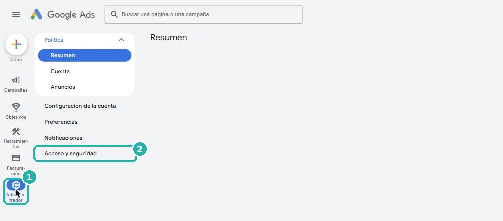Menú Administrador de Google Ads con la opción Acceso y seguridad