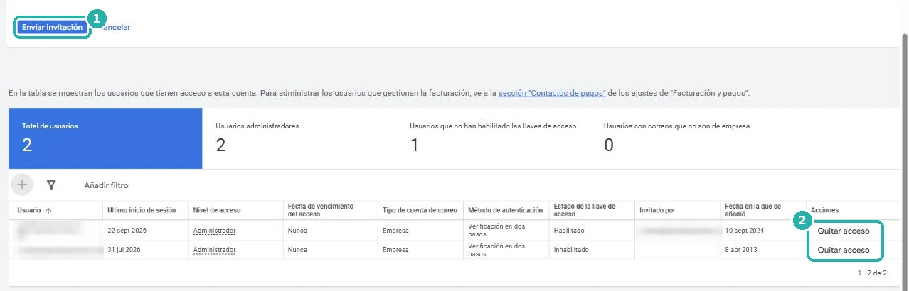 Botón Enviar invitación y opción Quitar acceso en Google Ads