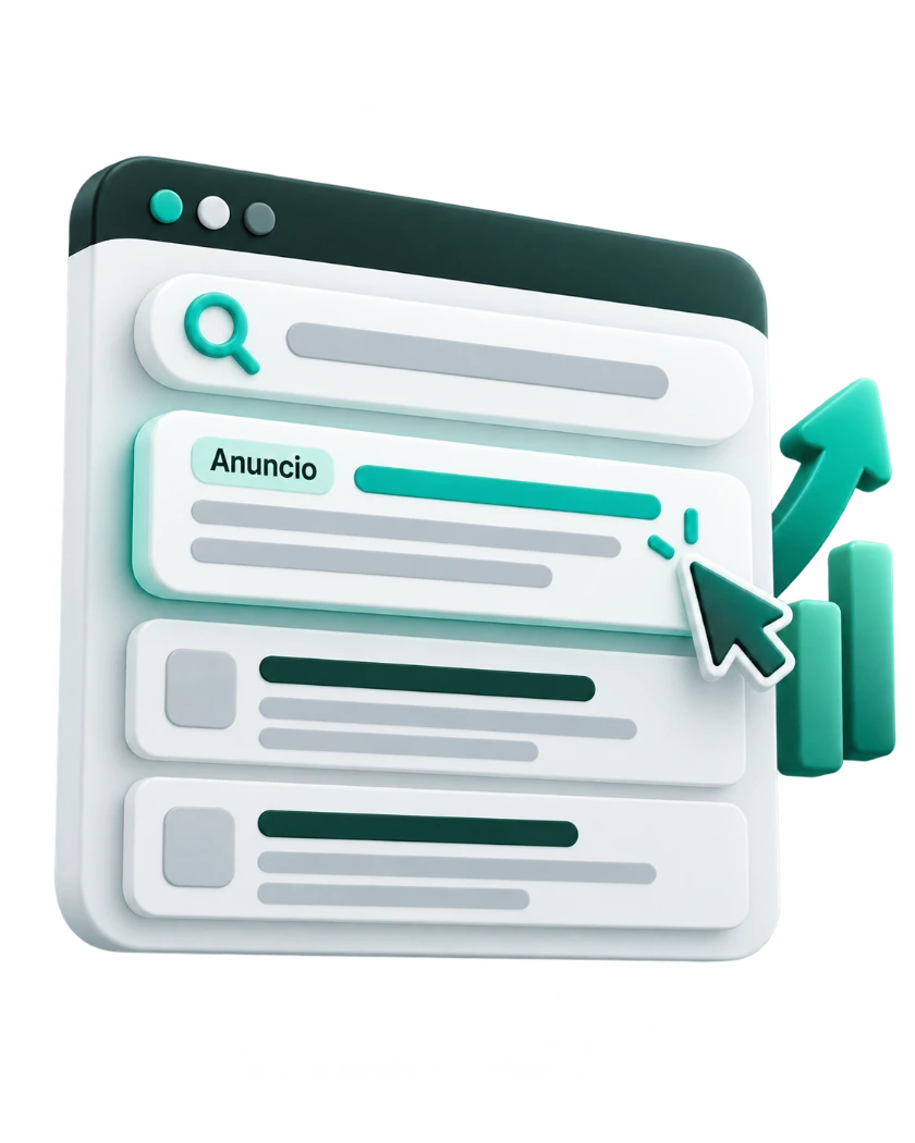 Resultados de búsqueda en un buscador con un anuncio destacado, ilustración de Google Ads