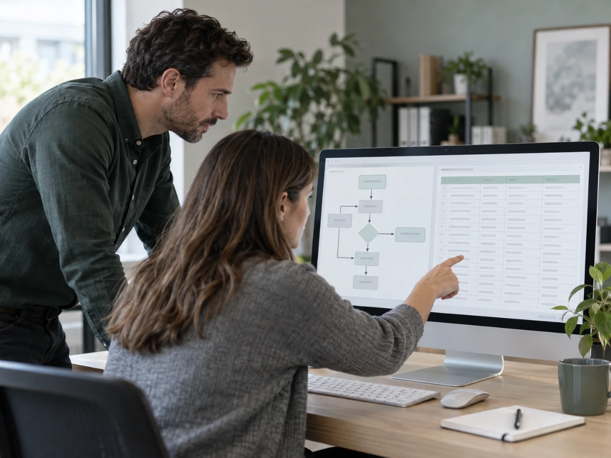 Dos personas revisando en pantalla el flujo de un proceso interno antes de un desarrollo a la medida