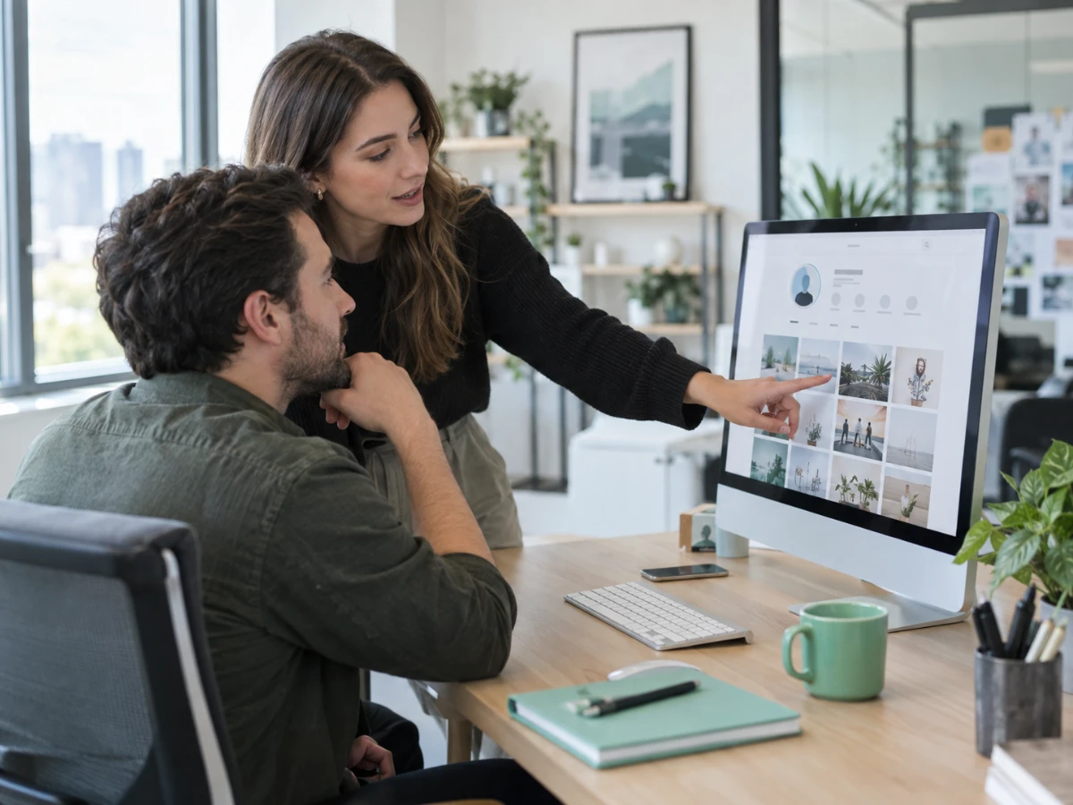 Equipo de marketing analizando el perfil de Instagram de una marca en una pantalla