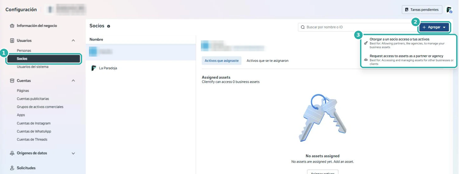 Menú Socios de la configuración del negocio de Meta con el botón Agregar