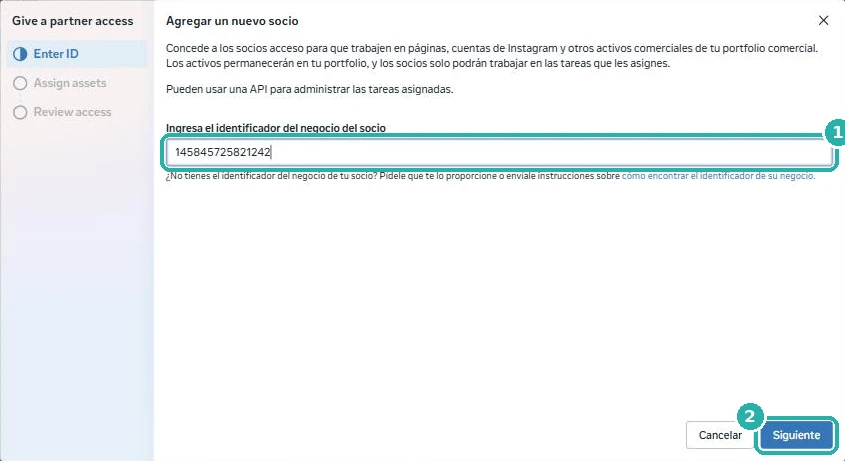 Campo para ingresar el identificador del negocio del socio en Meta