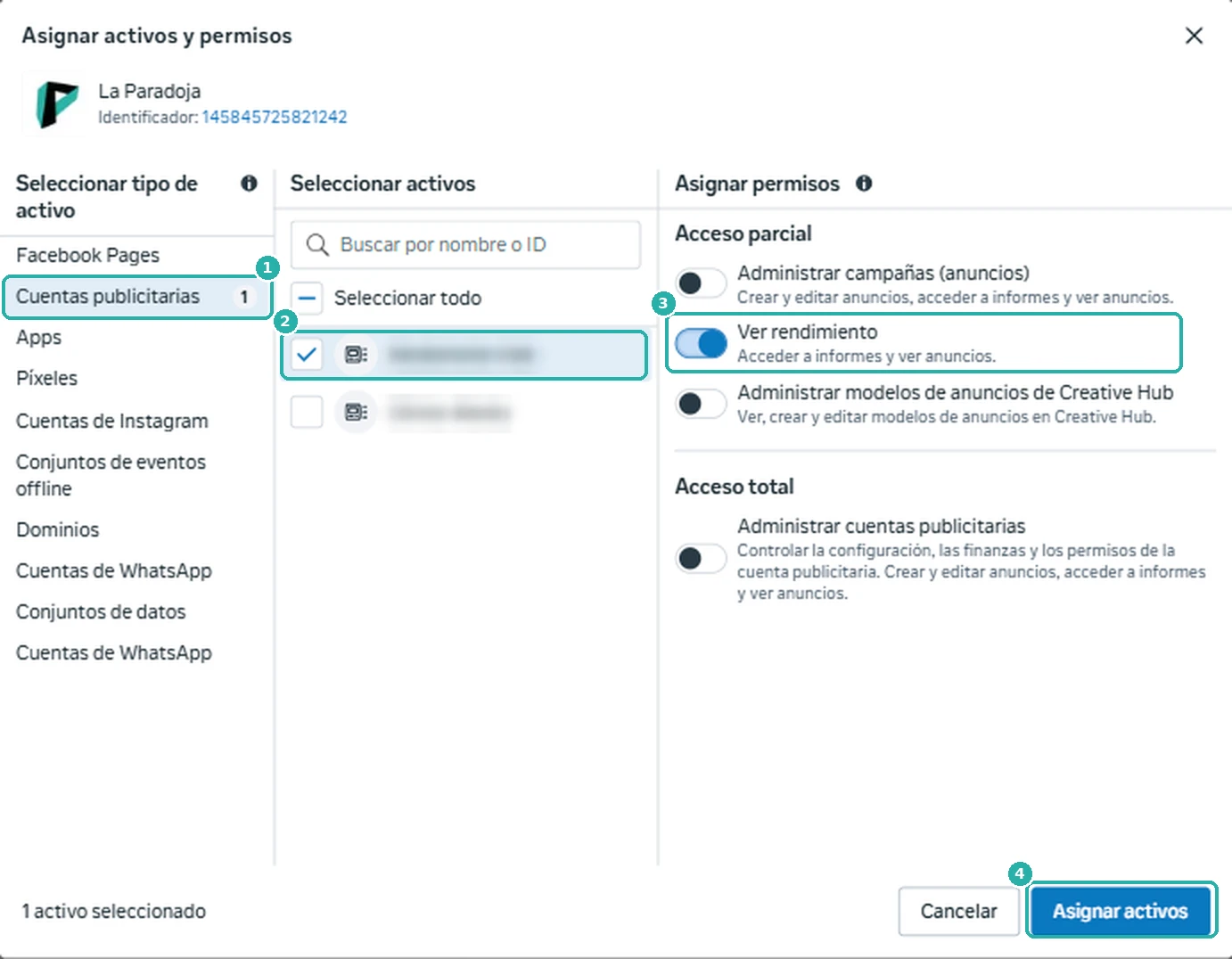 Asignar la cuenta publicitaria con el permiso Ver rendimiento