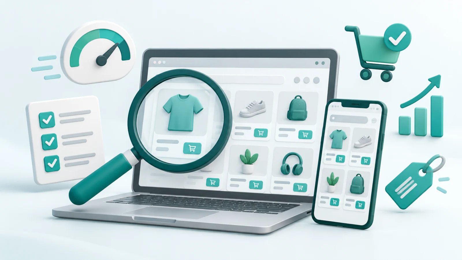 Auditoría de una tienda online: laptop y celular revisados con una lupa