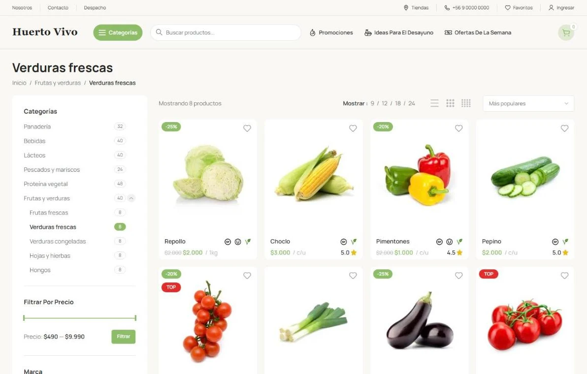 Catálogo de verduras frescas con filtros por categoría y precio, precio por kilo o unidad