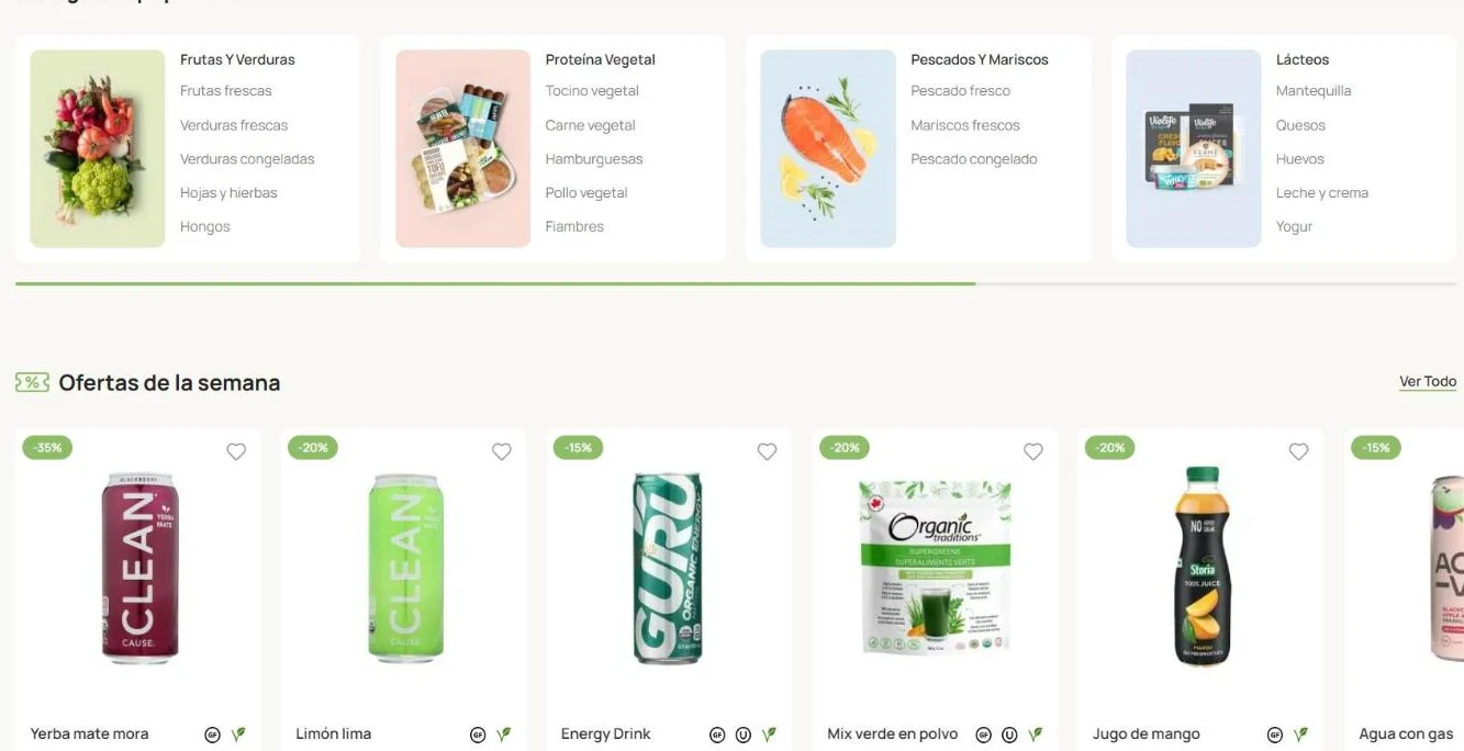 Categorías populares de alimentos y ofertas de la semana con descuentos