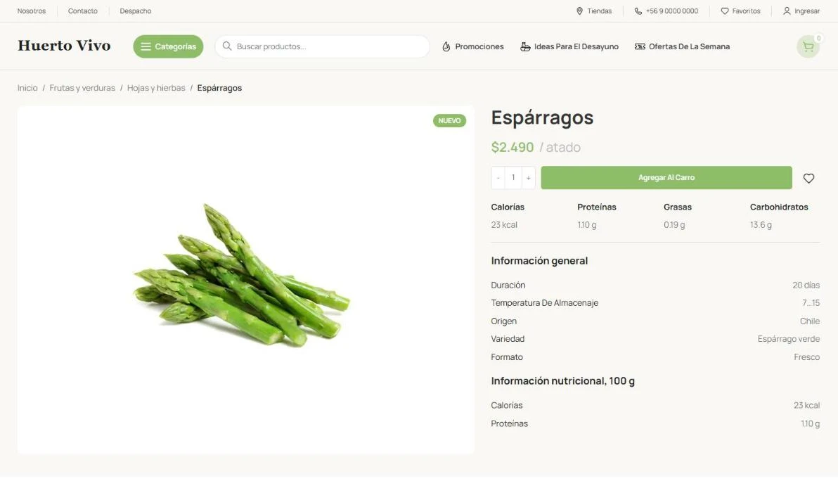 Ficha de producto de espárragos con precio por atado, información nutricional y origen