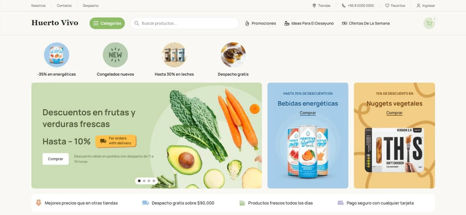 Home de una tienda online de alimentos en computador con categorías, promociones y banner de frutas y verduras