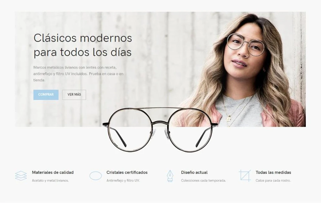 Sección de colección de marcos con fotografía de modelo y beneficios de la óptica
