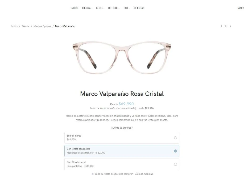 Ficha de un marco óptico con opción de comprar solo el marco o con lentes con receta