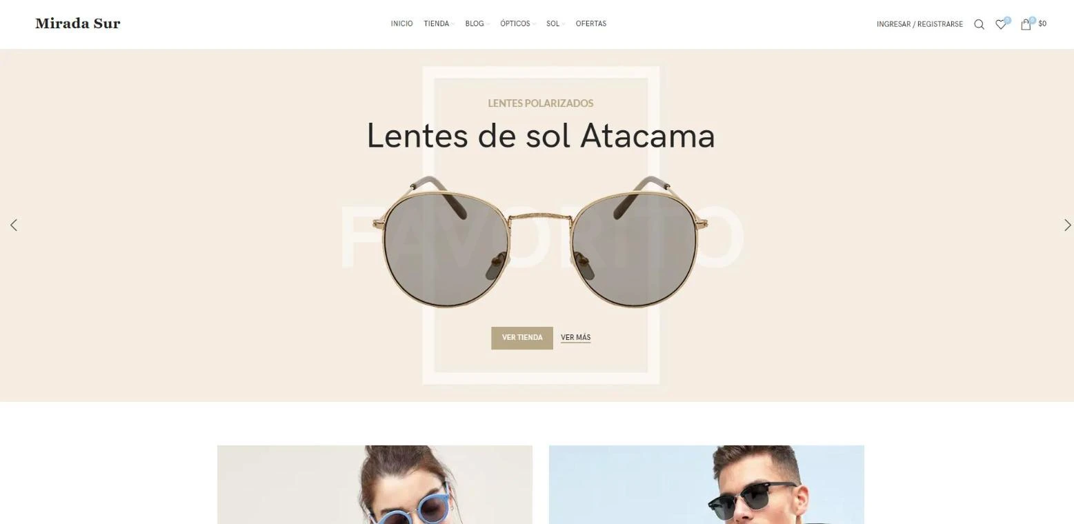 Home de una tienda online de anteojos en computador con banner de lentes de sol polarizados