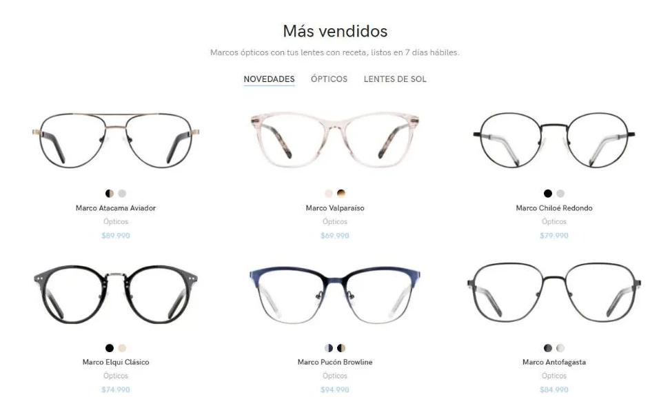 Grilla de marcos ópticos más vendidos con colores disponibles y precio