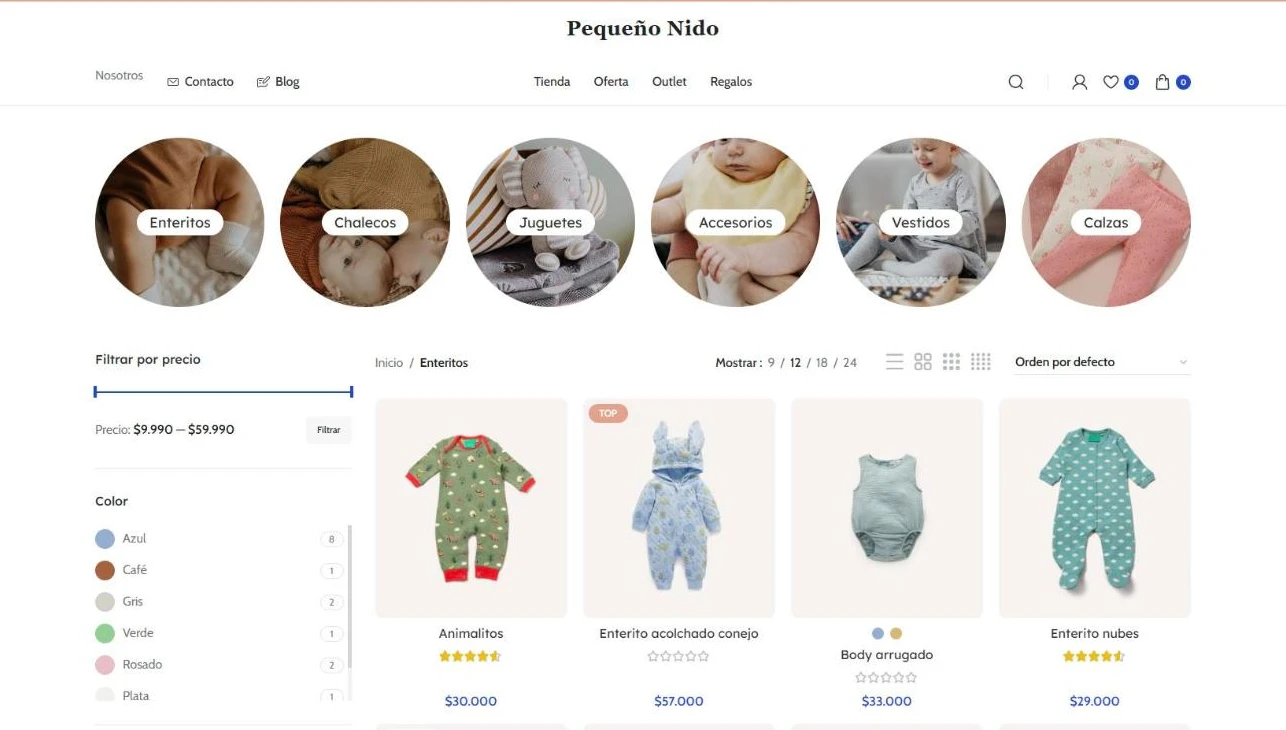 Catálogo de enteritos para bebé con categorías, filtros por precio y color