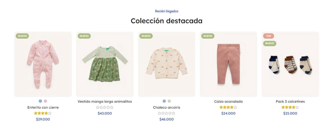 Colección destacada de ropa de bebé con enteritos, vestidos, chalecos y calcetines con precios