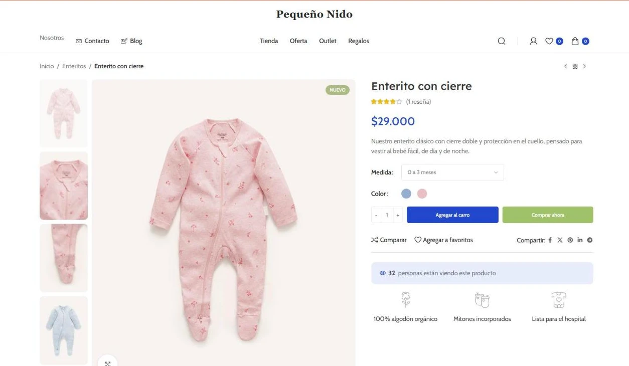 Ficha de un enterito para bebé con selector de talla por meses, colores y beneficios del producto