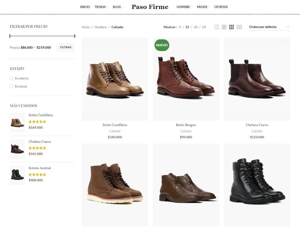 Catálogo de botines con filtro por precio y productos más vendidos