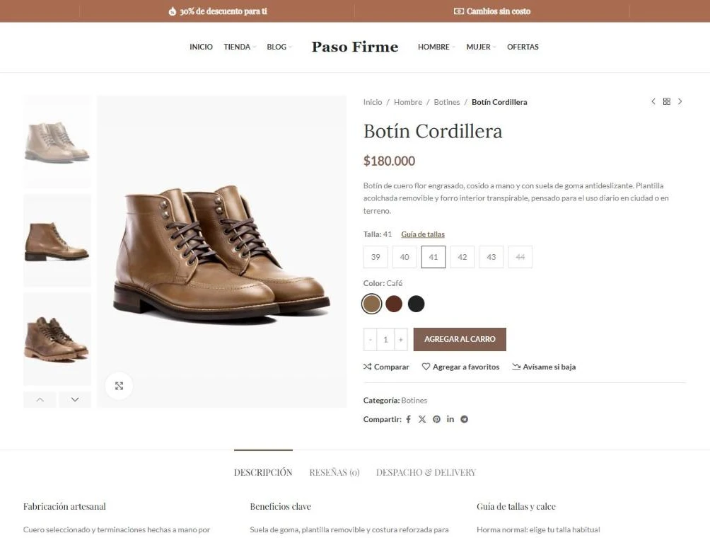 Ficha de producto de un botín de cuero con selector de talla y color