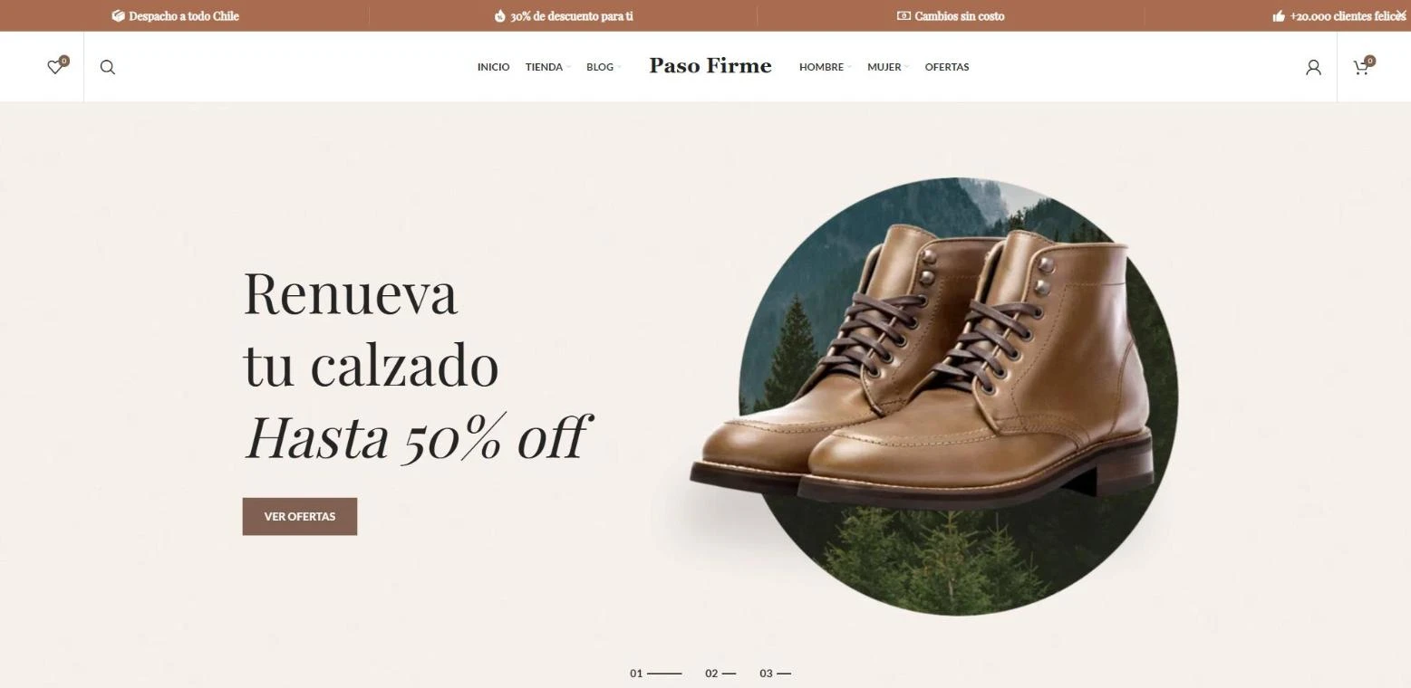 Home de una tienda online de calzado en computador con banner de ofertas de botines