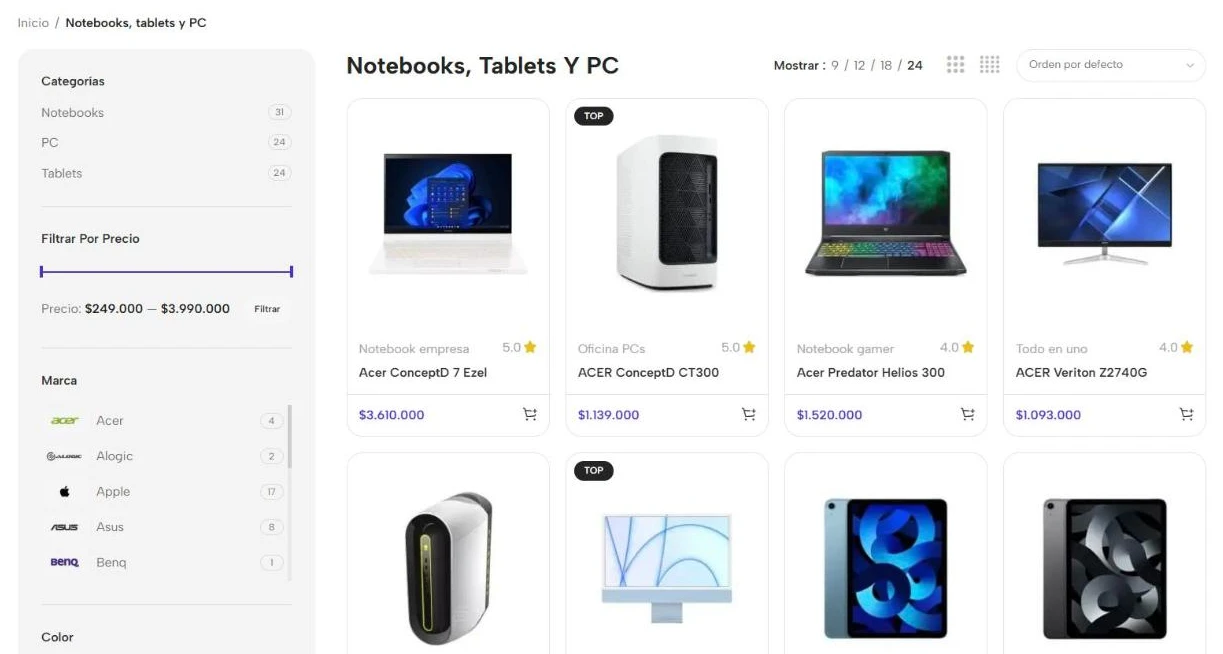 Catálogo de notebooks, tablets y PC con filtros por categoría, precio y marca