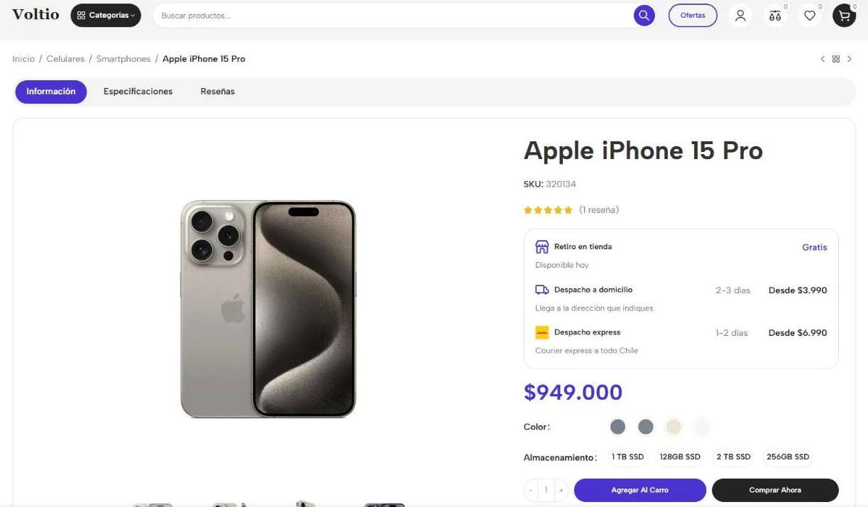 Ficha de un celular con opciones de retiro y despacho, colores, capacidad y botones de compra