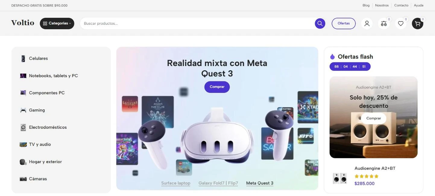 Home de una tienda online de electrónica en computador con menú de categorías, banner de producto y ofertas flash