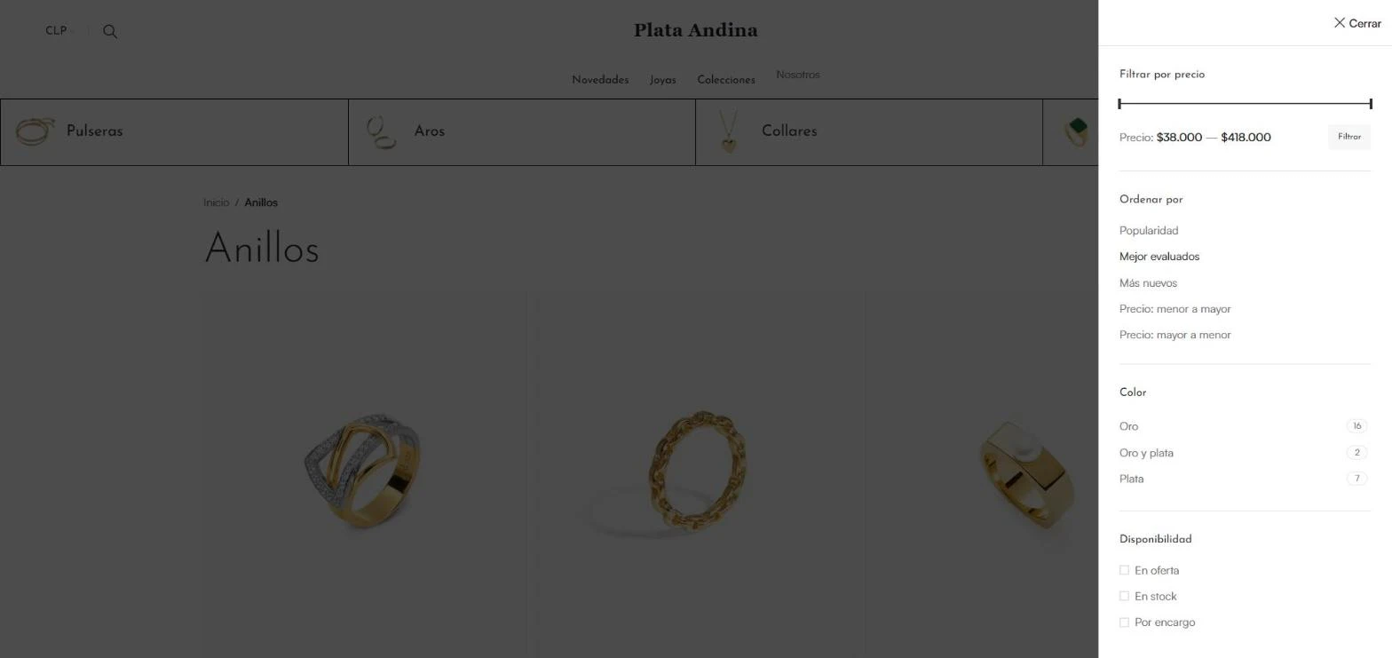 Catálogo de anillos con panel de filtros por precio, color del metal y disponibilidad