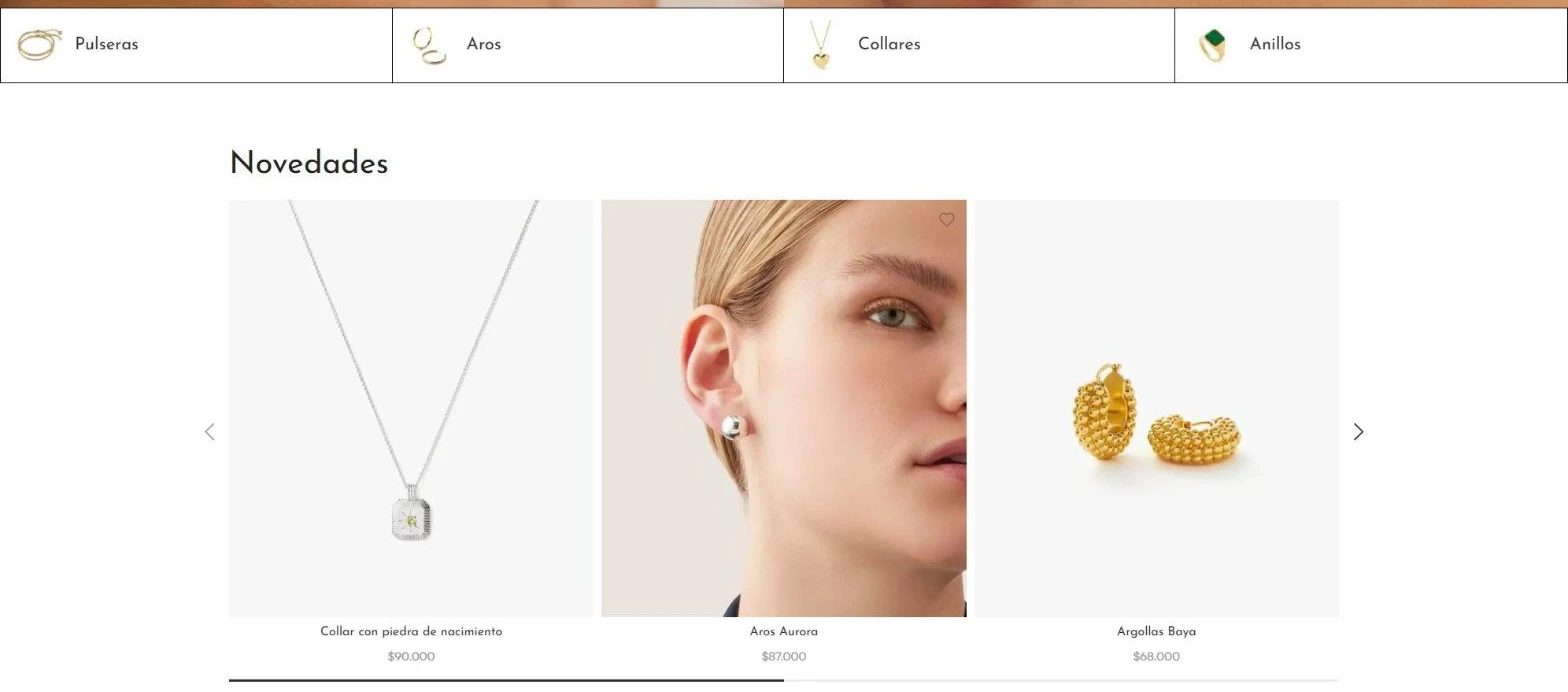Categorías de pulseras, aros, collares y anillos, y novedades de una joyería online