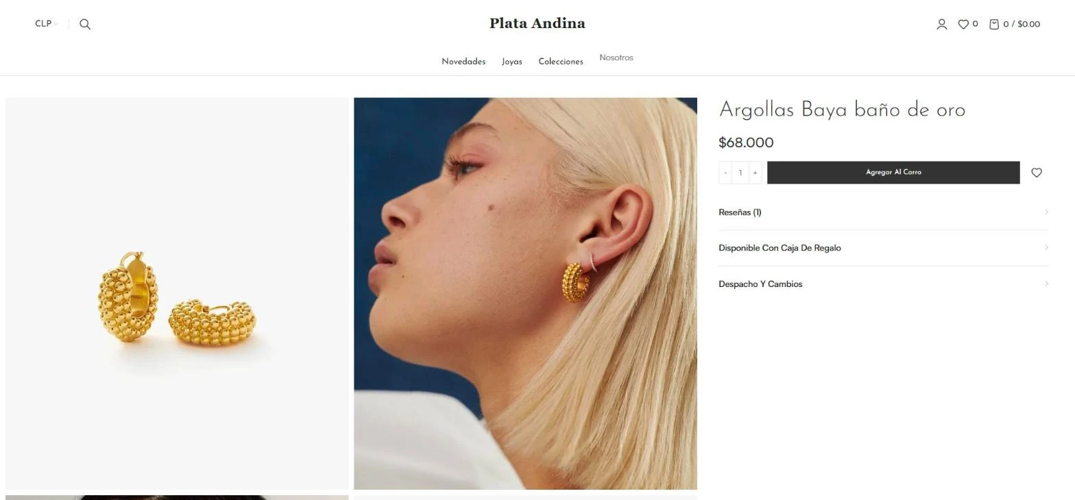 Ficha de unas argollas bañadas en oro con fotos de producto y de uso, precio y opción de caja de regalo