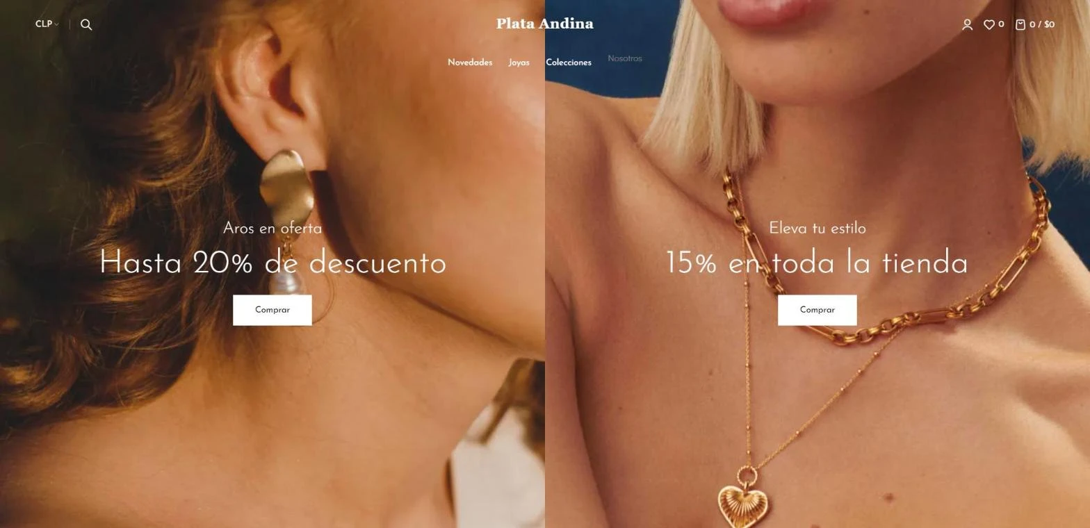 Home de una joyería online en computador con fotos de aros y collares y banners de descuento