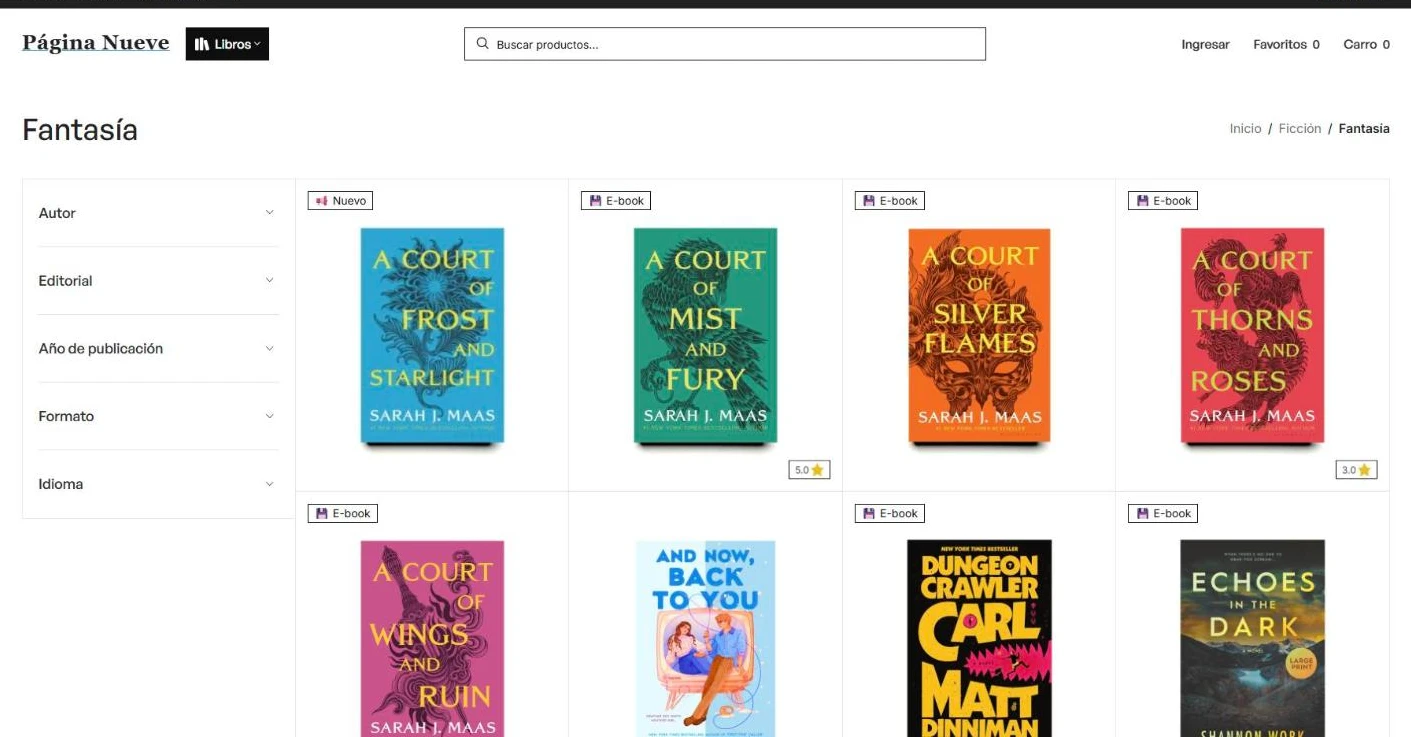 Catálogo de libros de fantasía con filtros por autor, editorial, año, formato e idioma