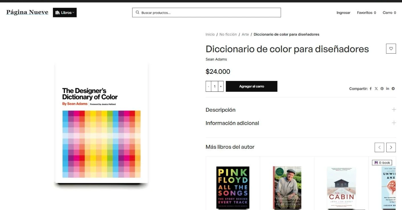 Ficha de un libro con autor, precio, botón agregar al carro y más libros del autor