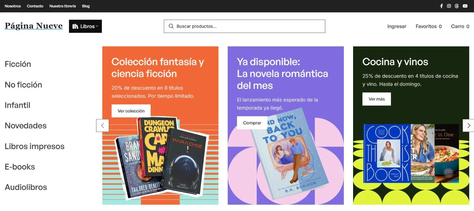 Home de una librería online en computador con categorías de ficción, no ficción e infantil y banners de colecciones