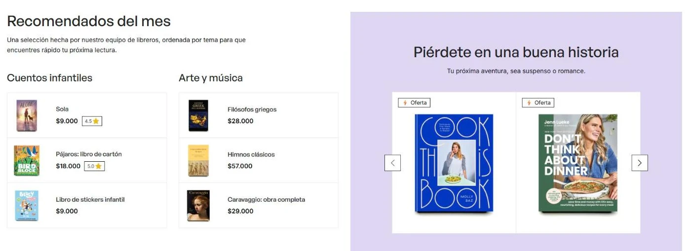 Sección de libros recomendados del mes ordenados por tema, con precios