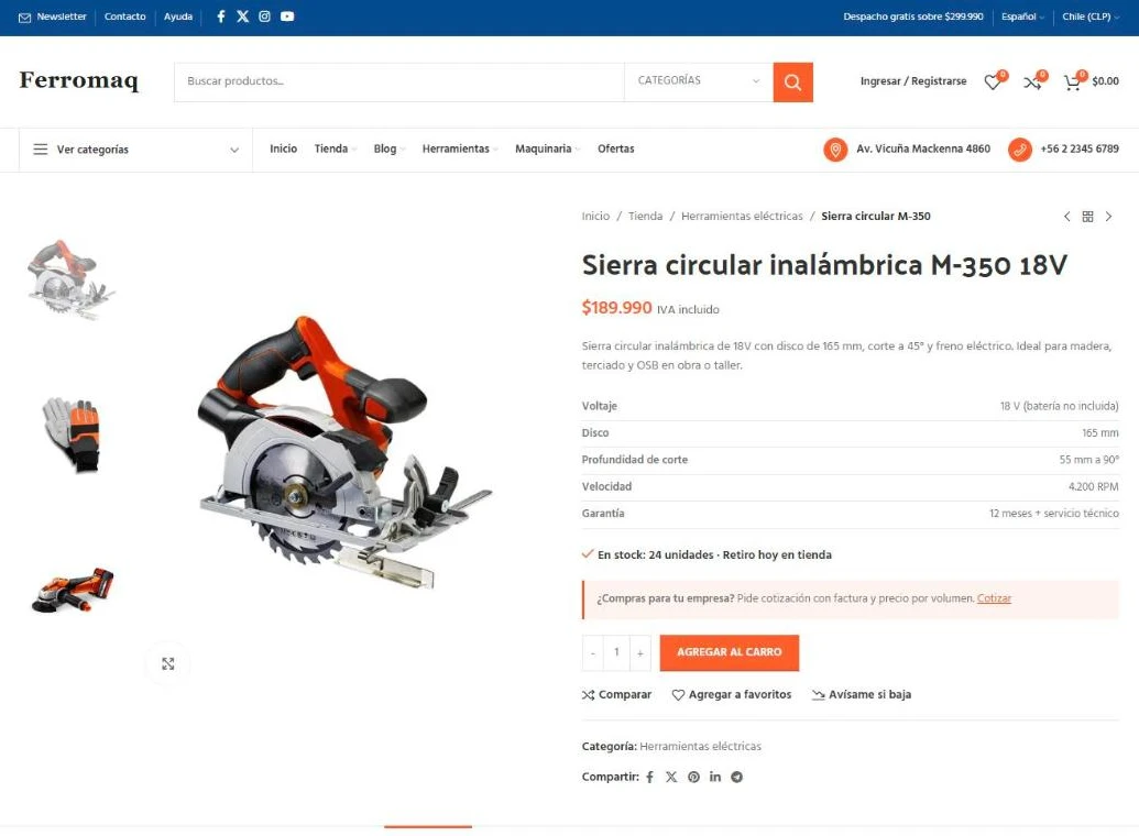 Ficha de una sierra circular con especificaciones técnicas, stock y cotización para empresas