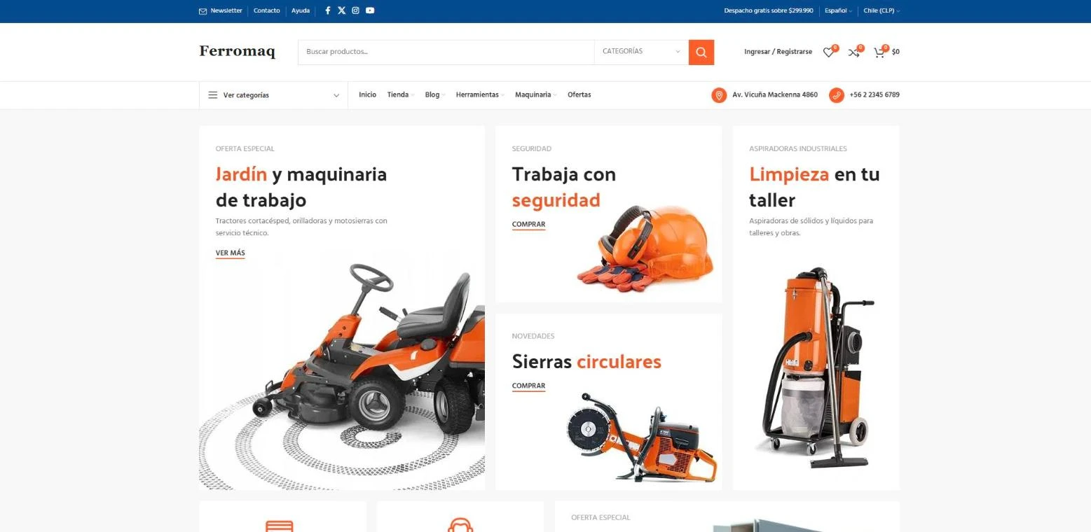Home de una tienda online de herramientas y maquinaria en computador con banners de jardín, seguridad y sierras