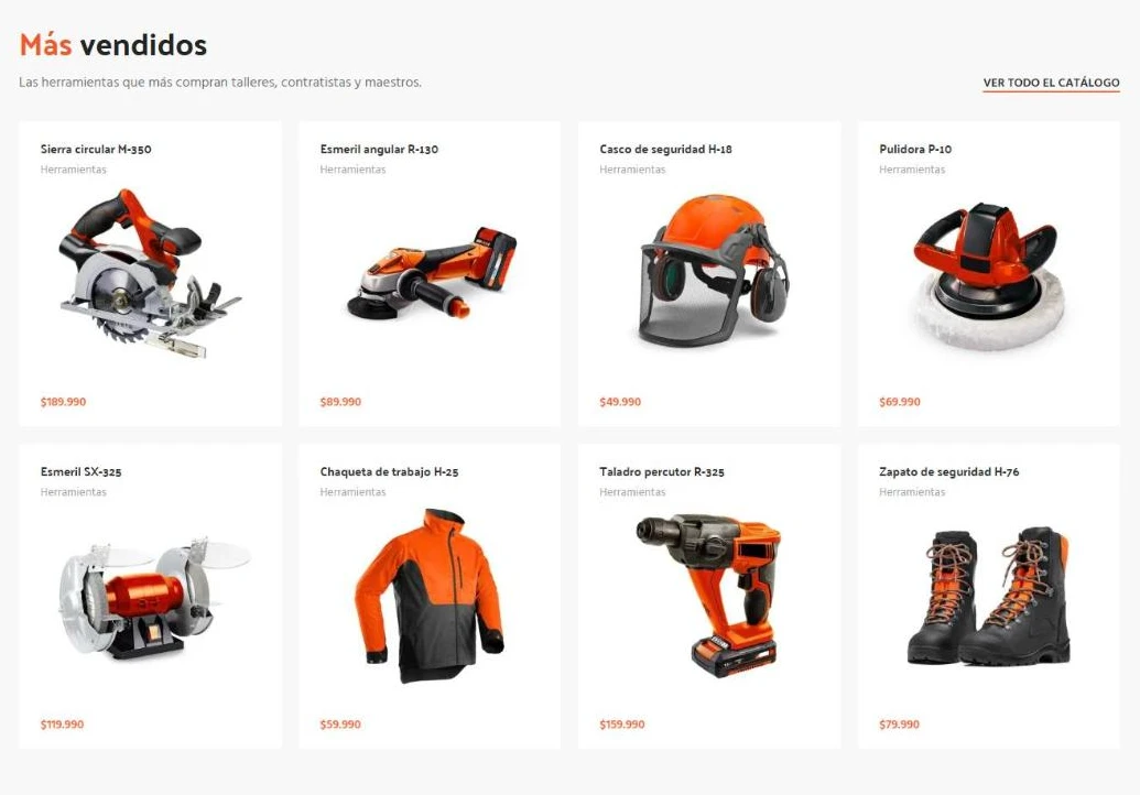 Herramientas más vendidas: sierra circular, esmeril, casco de seguridad, taladro y zapatos de seguridad