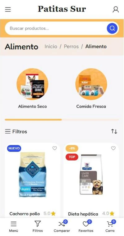 Catálogo de alimento para perros visto en el celular