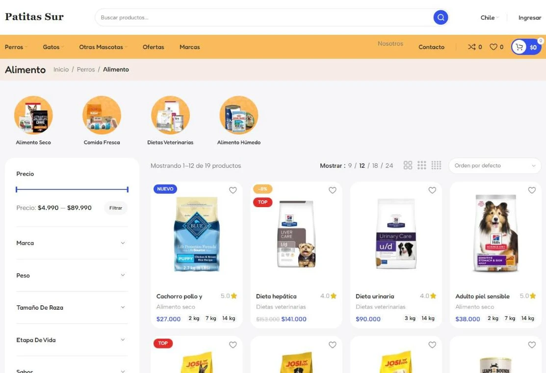 Catálogo de alimento para perros con filtros por precio, marca, peso, tamaño de raza y etapa de vida