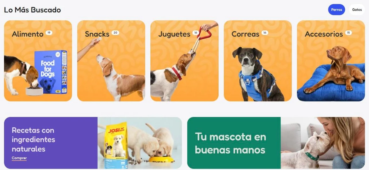 Categorías más buscadas de un pet shop: alimento, snacks, juguetes, correas y accesorios