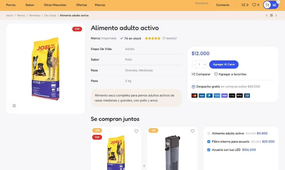 Ficha de alimento para perros con etapa de vida, sabor, raza, peso, despacho gratis y productos que se compran juntos