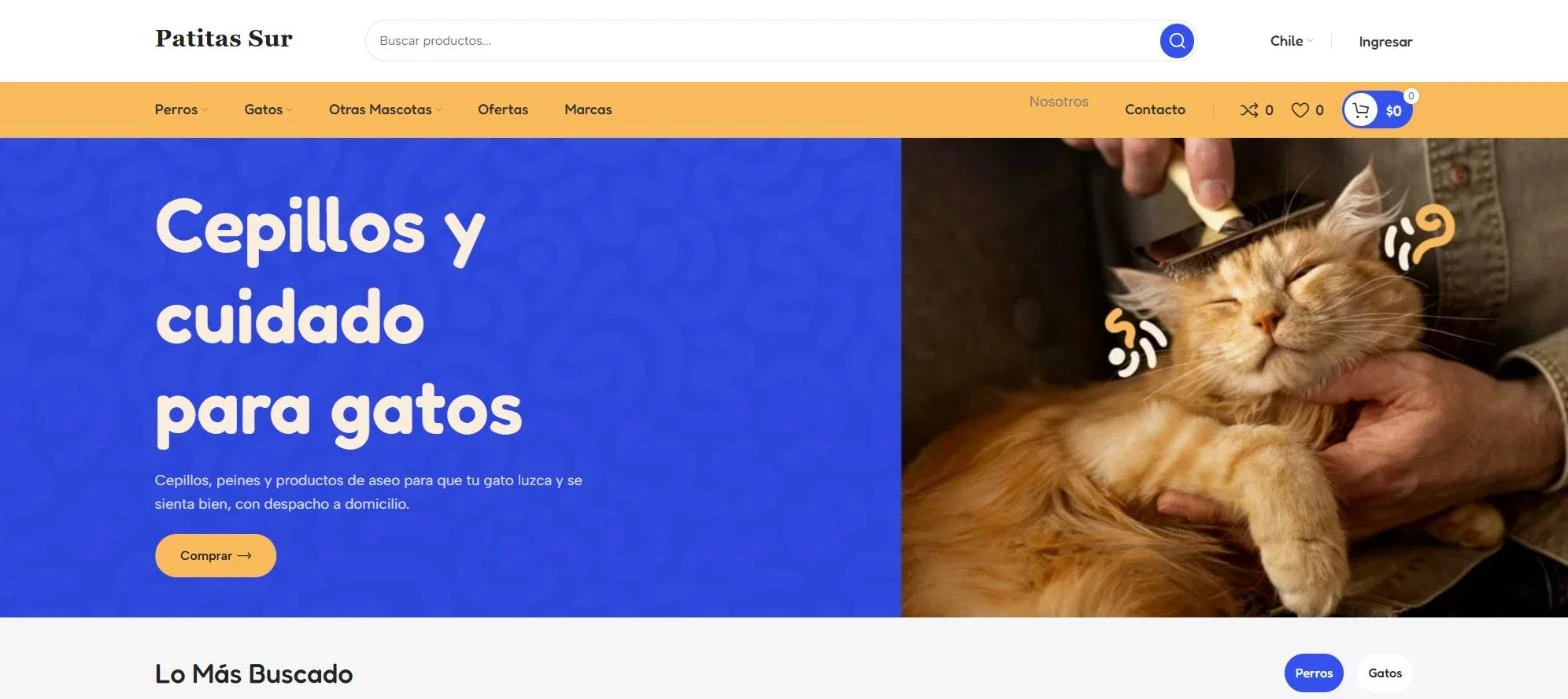 Home de un pet shop online en computador con menú de perros, gatos y otras mascotas y banner de productos