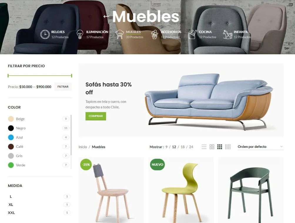 Catálogo de muebles con filtros por precio, color y medida