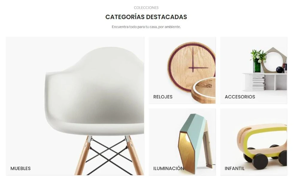 Categorías destacadas: muebles, relojes, accesorios, iluminación e infantil