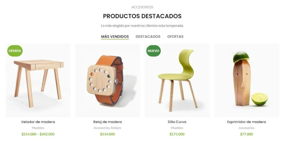 Productos destacados con pestañas de más vendidos, destacados y ofertas