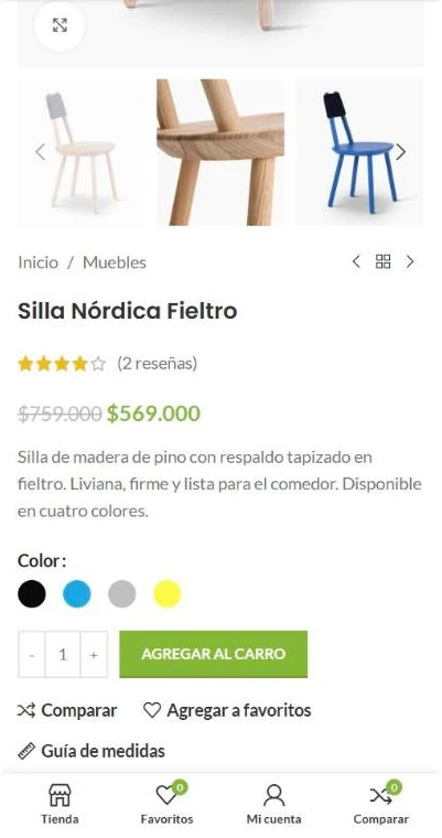 Ficha de producto en el celular con colores y botón agregar al carro