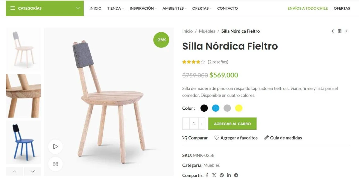 Ficha de producto de una silla con galería, precio con descuento, colores y botón agregar al carro