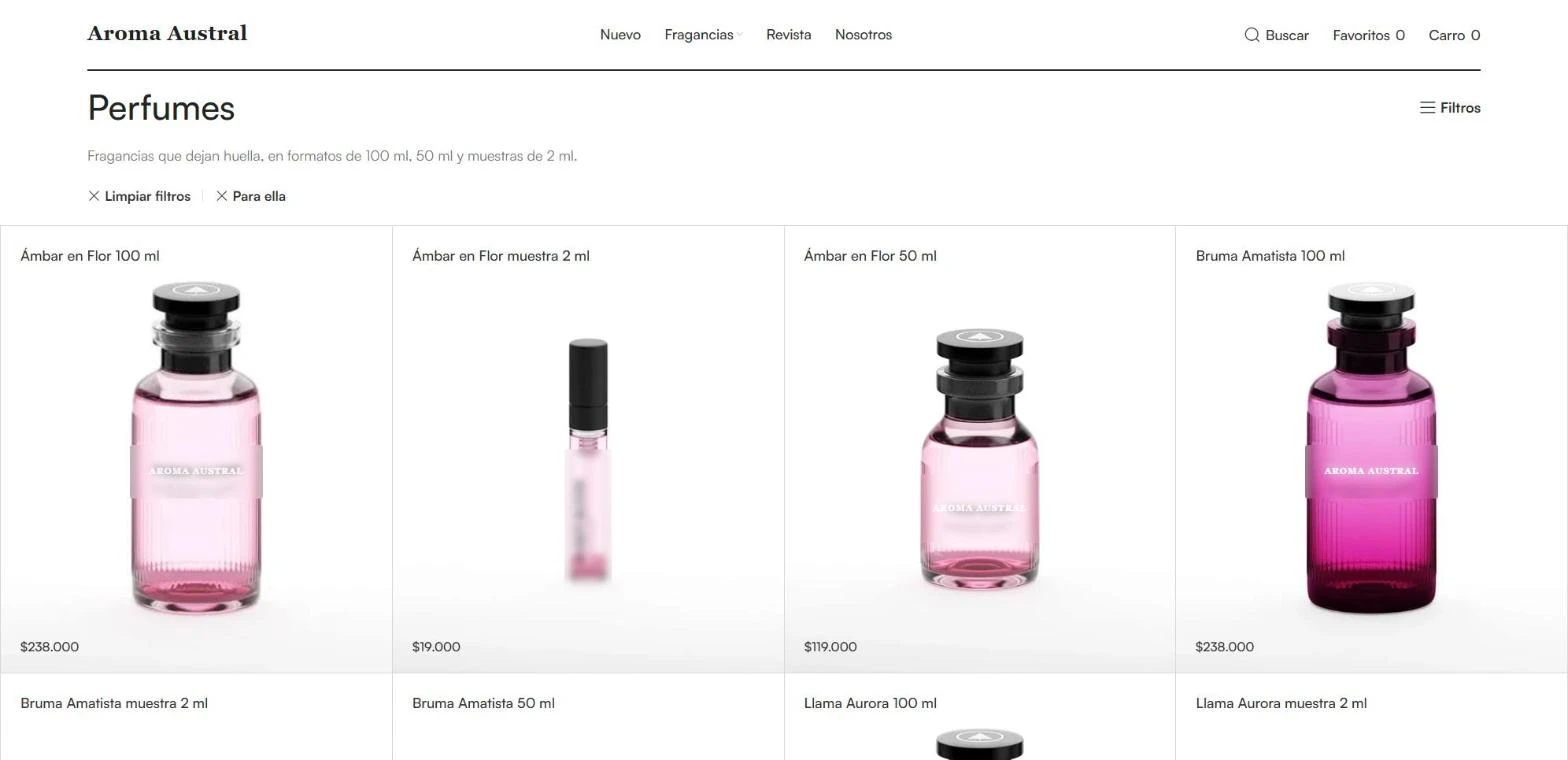 Catálogo de perfumes para ella con filtros, nombres de fragancia, formatos y precios