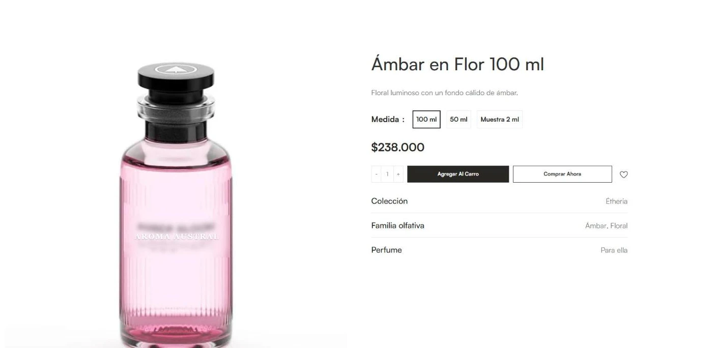 Ficha de un perfume con selector de medida, precio, colección y familia olfativa
