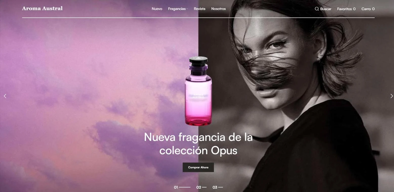 Home de una tienda online de perfumes en computador con banner a pantalla completa de una nueva fragancia